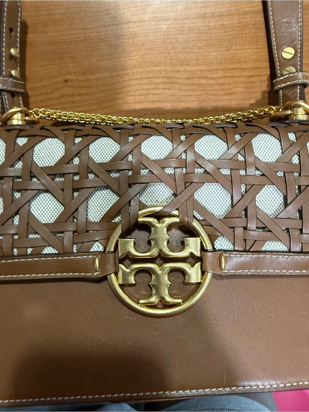 Tory Burch Brown Leather Shoulder Bag with Gold Logo and Woven Cream Inset